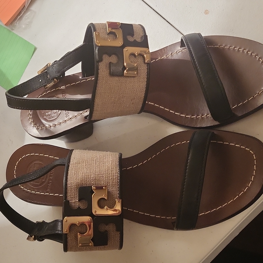 Tory Burch navy, tan and brown sandals. Size 7.5